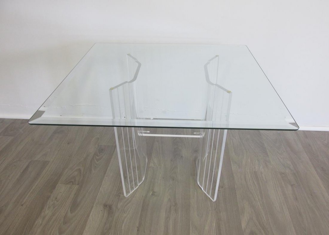 LUCITE BASE SIDE TABLE WITH GLASS TOP: TOP IS 27", HEIGHT IS 21"