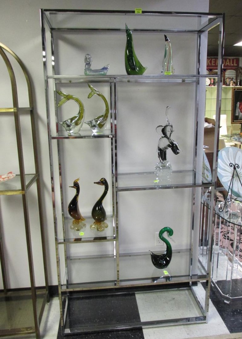 MILO BAUGHMANN, ATTR., CHROME AND GLASS SHELVING UNIT: NICE CONDITION, 42"W, 16"D, 79"H