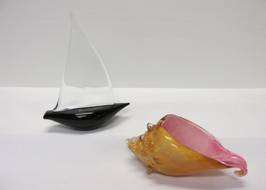 2 PC. MURANO ART GLASS SAILBOAT AND CONCH: LARGEST IS 9.5"