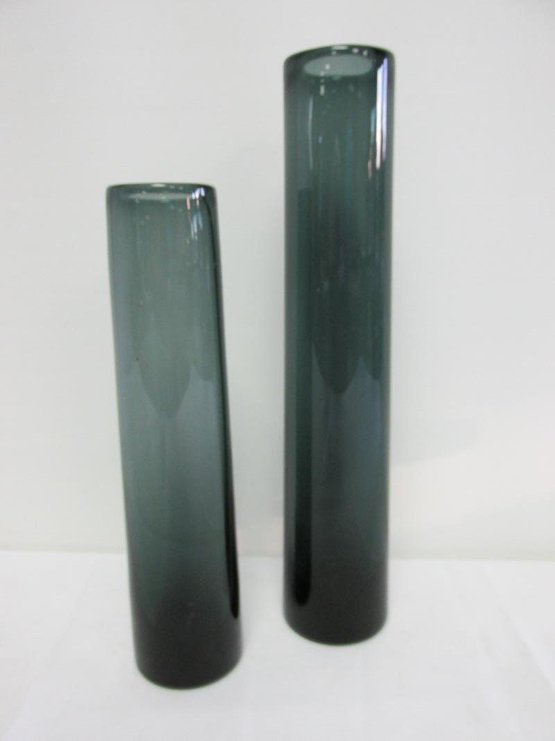 HOLMEGAARD - DENMERK, SIGNED SMOKED GLASS VASES: 12" AND 14.5"