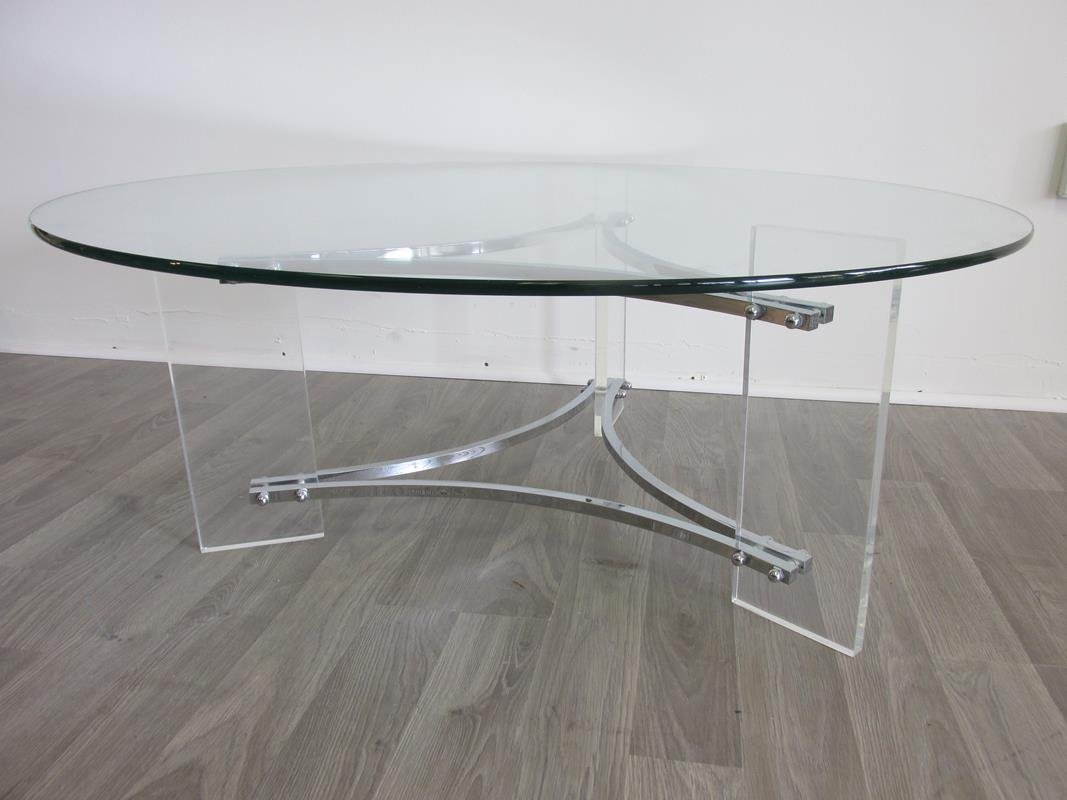 CHARLES HOLLIS JONES STYLE LUCITE/CHROME TABLE: 42" DIAMETER TOP