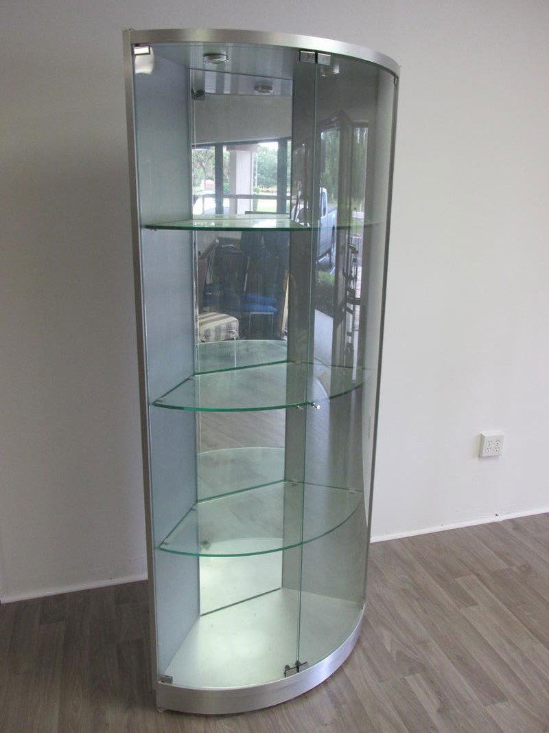 CHROME AND GLASS CORNER CURIO CABINET (1 of 1)