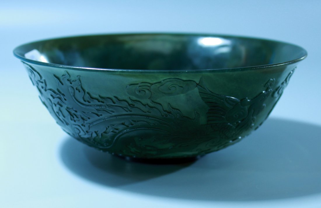 A Chinese Antique Hetian Spinach Jade Carved Bowl (1 of 5)