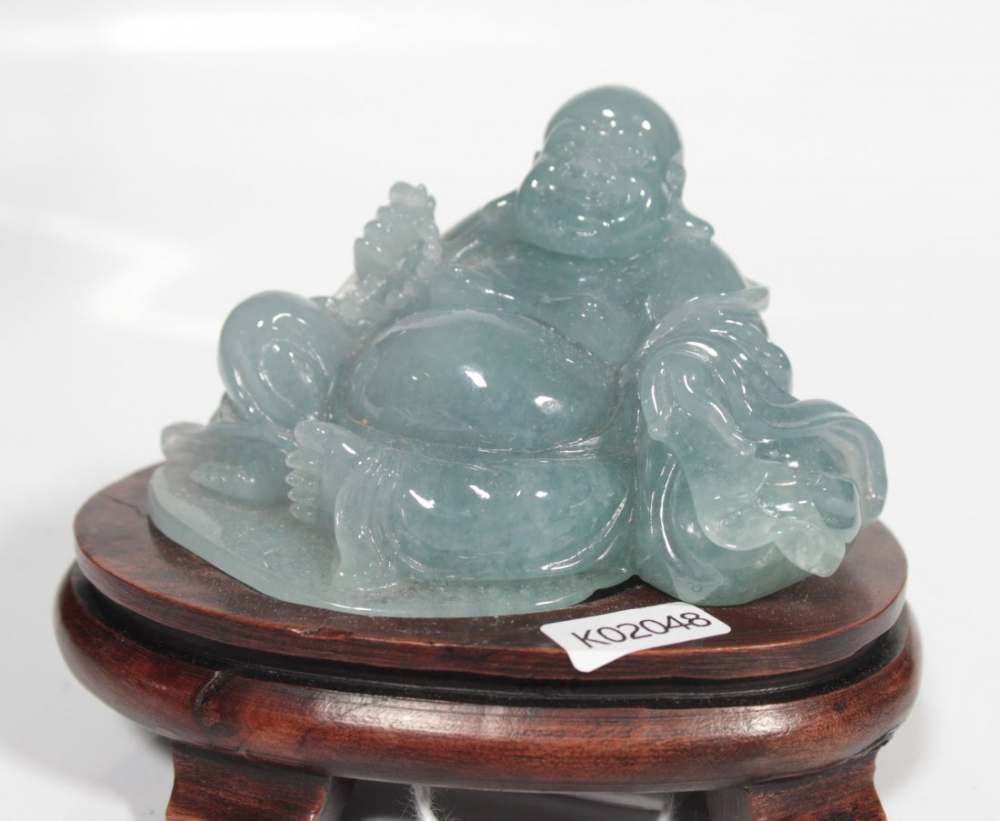 A Chinese Buddha Figure Jadite Panel On Wood Stand (1 of 9)