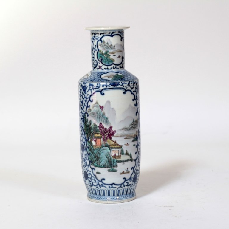 A Chinese Antique Blue and White Famille Rose Vase: 大清光绪年制 款 青花 开光 粉彩 棒槌瓶 12 1/2 Hx 4 1/2 W Inches