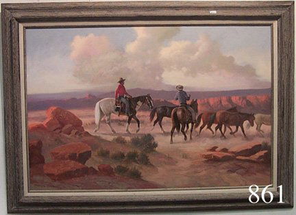 WESTERN PAINTING: WESTERN PAINTING ca. 1960-70'S oil on canvas, portrays cowboys & horses by Charles Damrow,23.5" x 35.5".