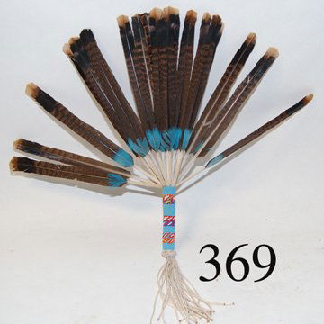 PLAINS PEYOTE FAN: ca. 1950-60'S trimmed turkey feathers with gourd style beaded handle, string fringe, 22" long including fringe.