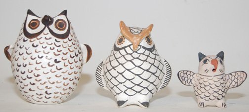 THREE POTTERY OWLS