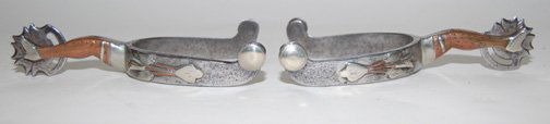 PAIR OF SPURS: ca. EARLY 20TH CENT. gal leg style, copper & silver trim, not marked, full size.