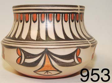 SANTO DOMINGO POTTERY JAR: ca. CONT. 4 color design, fish design on inside, feather design on outside, by Robert Tenorio, 6" x 8.5".