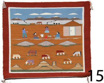 NAVAJO TEXTILE: ca. LAST Q 20TH CENT. pictorial, multi colors, woven by Louise Nez, 25" x 29".
