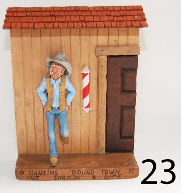 WOOD CARVING: ca. LAST Q 20TH CENT titled "Hanging Around Town Not Earning A Dime" by Gene Zesch, #5 of 50, 11" x 9" x 3".