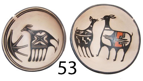 TWO SANTO DOMINGO BOWLS: ca. CONT. 1 signed Warren Coriz, other signed Pablita Pacheco, 1 is polychrome, largest 3.5" x 8.5".
