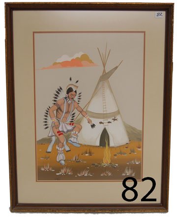 NAVAJO PAINTING: ca. 3RD Q 20TH CENT. watercolor, portrays Plains dancer & Tipi, by Guy Nez Jr., 19" x 13.5".