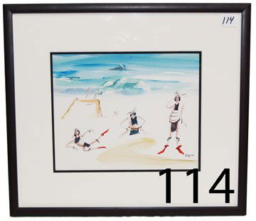 SAN ILDEFONSO PAINTING: ca. LAST Q 20TH CENT. portrays Koshare dancers in comical poses, by Joe Aqular, 7.25" x 9".