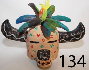 HOPI SCULPTURE: ca. CONT. depicting horned kachina, by Greg Lomayesva, 5" x 12".