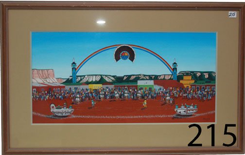 ZUNI PAINTING: ca. LAST Q 20TH CENT. acrylic, portrays Zuni dance, over 100 figures, by Patrick S. for Patrick Hubert Sanchez, 11.5" x 23".