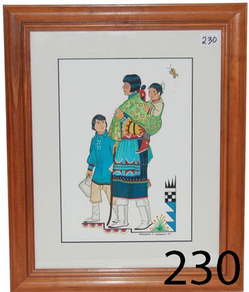 SAN ILDEFONSO PAINTING: ca. 2007 original watercolor on paper, portrays mother & children, by Geraldine I. Gutierrez, 10.5" x 7.5".