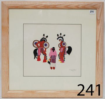 SAN ILDEFONSO PAINTING: ca. 2ND Q 20TH CENT. original watercolor, dancers doing horse tail dance, by Soqueen, artist is deceased, 9.75" x 10.75".