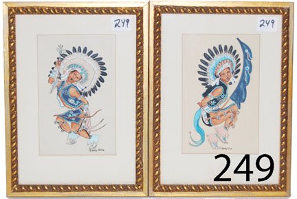 TWO SANTA CLARA PAINTINGS: ca. 3RD Q 20TH CENT. watercolors, portrays fancy dancer, by Randy Silva, 4" x 6".