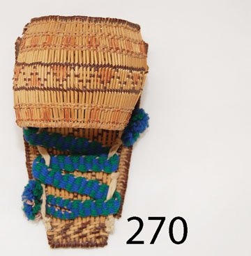 MONO TOY CRADLE: ca. 2ND Q 20TH CENT. mini, woven basket with sun visor, 8" x 5" 4.5".