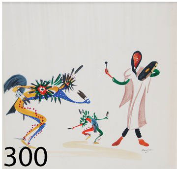 SAN ILDEFONSO PAINTING: ca. 1952 watercolor, portrays Pueblo dancers by Joe Aguilar, 7.25" x 7.25".