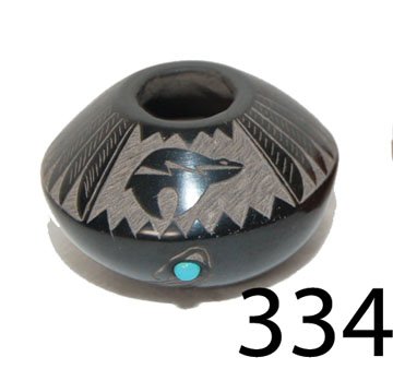 SIOUX POT: ca. 3RD Q 20TH CENT. sgraffito heartline bear & feather design, with bear paw & turquoise setting on side, by Red Starr, 1.25" & 1.75.