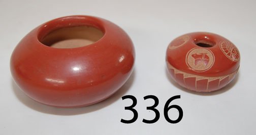 TWO SANTA CLARA/SAN JUAN POTS: ca. 4TH Q 20TH CENT. sgraffito, bear, buffalo, sunface, kopelle & feather design by Tom Tapia, polished redware bowl by Barbara Martinez, 1.25" x 2" & 1.5" x 3".