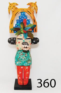 HOPI SCULPTURE: ca. 2008. kachina hearing headdress by Greg Lomayesva, 19.5" tall.