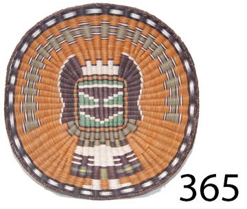 HOPI BASKETRY TRAY: ca. LAST Q 20TH CENT. 3rd Mesa wicker, full bodied crow mother kachina, 13" dia.
