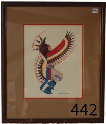 CHEYENNE PAINTING: ca. 3RD Q 20TH CENT. original, tempera on paper of Plains fancy dancer by Archie Blackowl, 12.5" x 10".