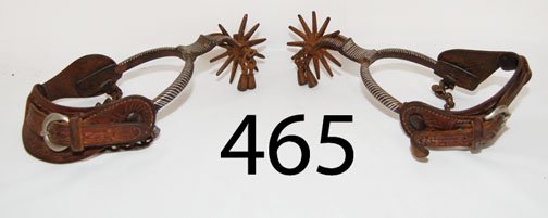 MEXICAN SPURS: ca. 1ST Q 20TH CENT. 3" rowels, jingle bobs, period leather, silver inlaid bar design, 1 has old repair.