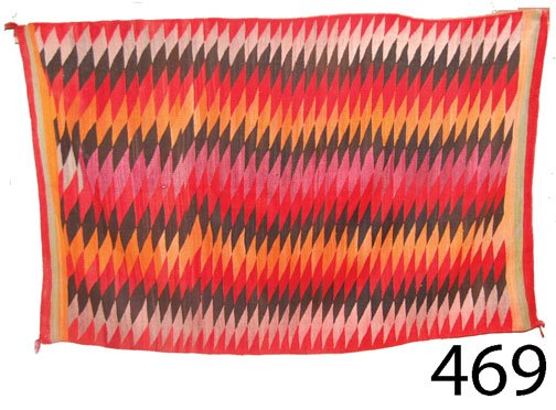 NAVAJO TEXTILE: ca. LAST Q 19TH CENT. multi colored transitional, has slight bleed, 87" x 56".