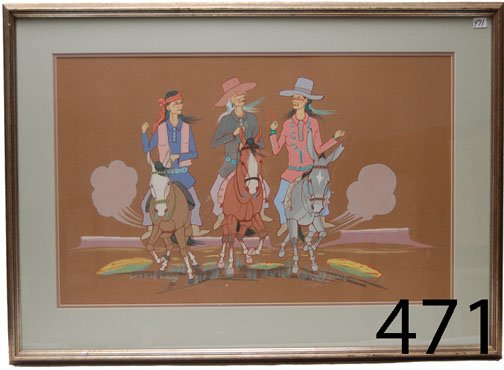 NAVAJO PAINTING: ca. 3RD Q 20TH CENT. watercolor/tempera on paper, Navajo men & horses, by Andy Tsinajinnie, 18.5" x 29.5".