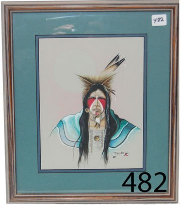 KIOWA/TAOS PAINTING: ca. 1989 watercolor on paper of Kiowa Brave, by Timothy Tsoodle, 9" x 7".