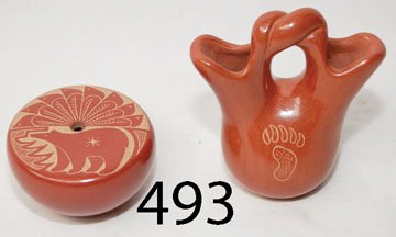 SANTA CLARA POTTERY ITEMS: ca. 4TH Q 20TH CENT. seed jar, sgraffito bear & feather design, by White Bear, wedding vase, sgraffito paw & feather design, by Patty Padilla, 1.5" x 2.75" & 4" x 3.5".