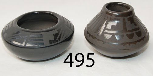 SAN ILDEFONSO POTTERY ITEMS: ca. 4TH Q 20TH CENT. jar, matte on black feather & geometric design by Lucy M., bowl with geometric design by Lupita Martinez, 4" x 5" & 3" x 5.5".
