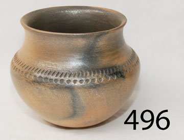 JICARILA APACHE/HISPANIC POTTERY JAR: ca. LAST Q 20TH CENT. micacious slip, dimple design around shoulder, by Felipe Ortega, 5.5" x 6.5".