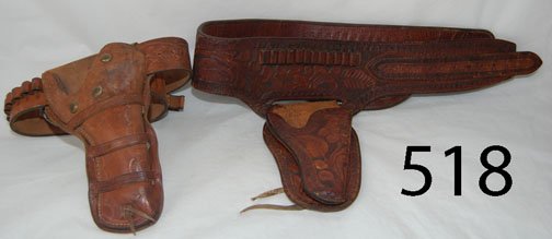 TWO GUN BELTS: ca. 2ND Q 20TH CENT. 1 triple loop with loose ammo stitch on belt, hand stamped, double holster rig, only 1 holster, belt size, 41" & 40".