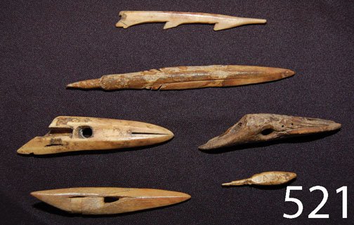 ESKIMO ARTIFACTS: ca. PREHIST. 3 harpoon sockets, 3 points, all are ivory, 1 has dot & line incised design, largest 5.5" long.
