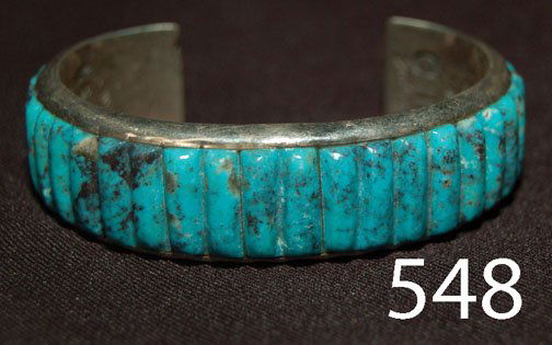 NAVAJO BRACELET: ca. LAST Q 20TH CENT. turquoise cabs, stamped design on inside, signed C. R., .75" wide, 1.5" opening, 7.75 outside .