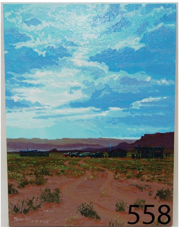 NAVAJO PAINTING: ca. CONT. oil on canvas, titled "Henery Adakais Visitors" by Redwing Nez, 16" x 12".