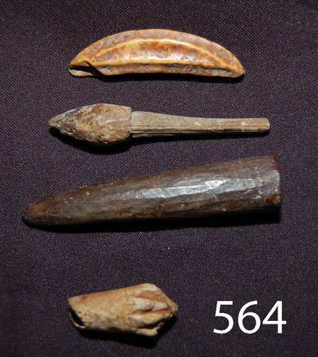 ESKIMO ARTIFACTS: ca. PREHIST. all are ivory, 2 arrow points, 2 knife handles, longest 4" long.