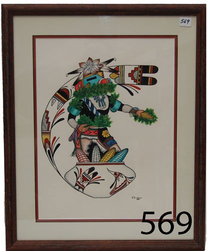 HOPI PAINTING: ca. 1987 original watercolor, kachina coming out of corn pot by Edgar Sumatzkuku, 15.5" x 11.5".