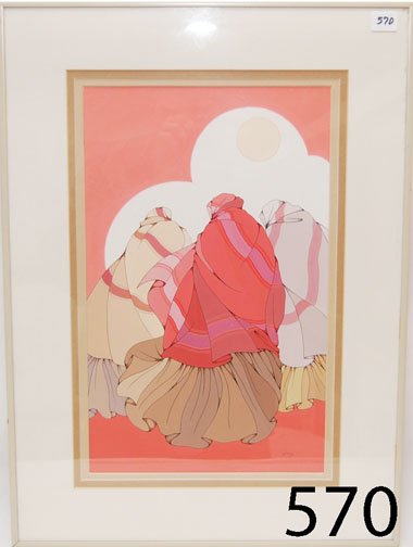 COMANCHE PAINTING: ca. 3RD Q 20TH CENT. original tempera, 3 women in blankets, by Diane O'Leary, 15.5" x 9.5".