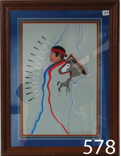 NAVAJO PAINTING: ca. 3RD Q 20TH CENT. original watercolor, Navajo & horse, by Justin Tso, 12.5" x 11.5".