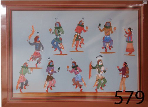 NAVAJO PAINTING: ca. LAST Q 20TH CENT. original watercolor of talking god & Yei bi chi dancer, by Leo Clark, 19" x 28.5".