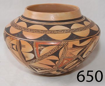 HOPI POTTERY JAR: ca. 4TH Q 20TH CENT. busy 3 color design, signed Ella Mae Talashie, 6.5" x 9".