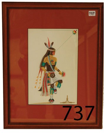 ZIA PAINTING: ca. LAST Q 20TH CENT. original tempera of pueblo dancer, by Rafael Medina, titled "Bird Society Dance",11.5" x 7.5".