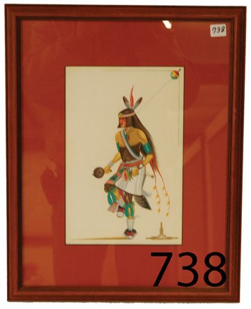 ZIA PAINTING: ca. LAST Q 20TH CENT. original tempera of pueblo dancer, by Rafael Medina, titled "Bird Society Dance".